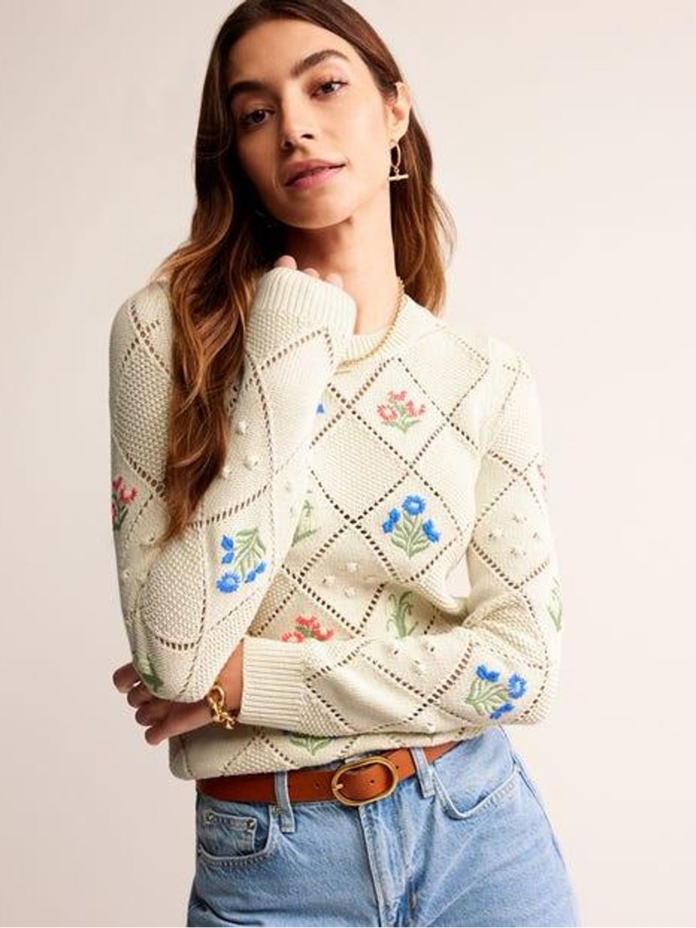 Boden Cotton Flower Embroidered Warm Ivory Cream Sweater Medium